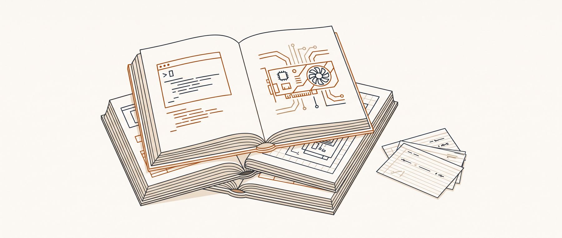 Line drawing of open technical manuals on a desk, with a terminal window and a graphics card sketched on the pages